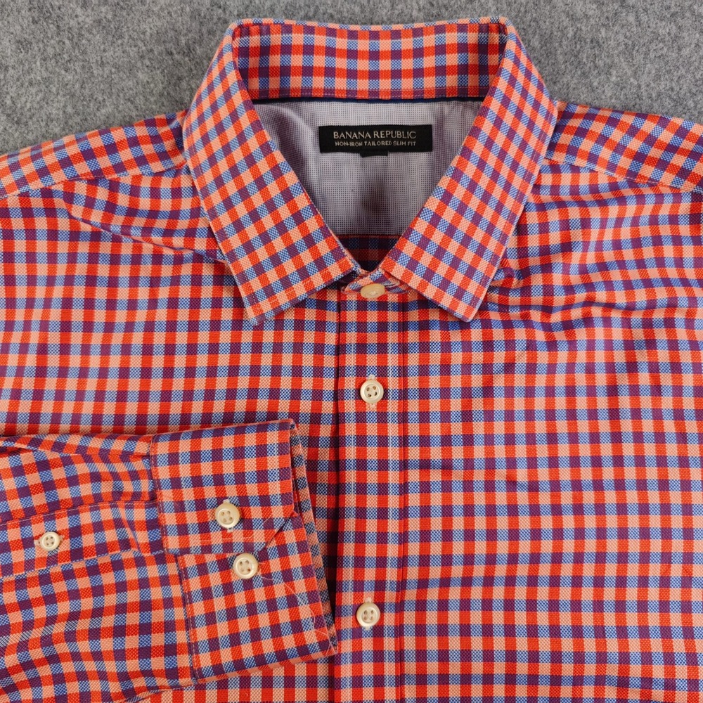 Banana Republic Non-Iron Slim Fit Dress Shirt Mens XL Orange Blue Gingham Check